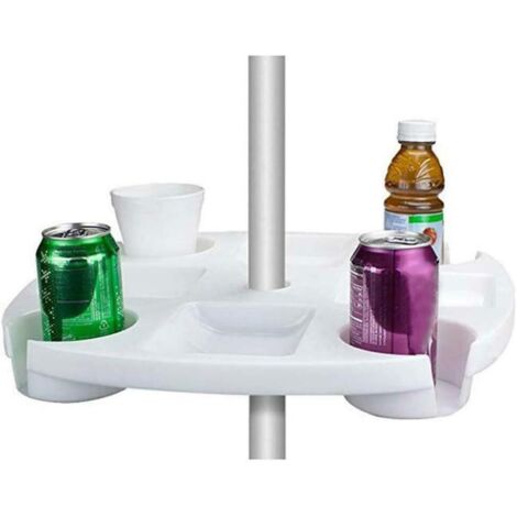 Plateau de table pour parasol de plage, rond de 42 cm, en plastique, porte-gobelet, porte-bière, plateau de rangement pour collations, pour jardin et piscine - Blanc (1/5)