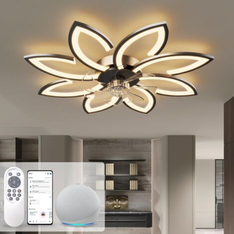 Ventilateur de Plafond avec Lumière et Télécommande 90cm – Compatible Alexa (Connexion Directe sans WiFi) – Moteur DC Silencieux, LED Dimmable – Design Pétale Ultra-plat pour Salon, Chambre (1/5)
