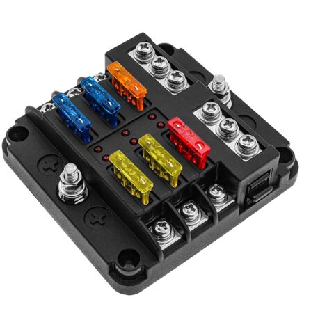 6 Voies Boîte Fusibles 12V, Porte Fusible Blocs Fusible Lame avec 16 Fusibles 6 Voyants LED Couvercle de Protection pour 12V/24V Voiture Automobile Bateau Marine Camion SUV (1/5)