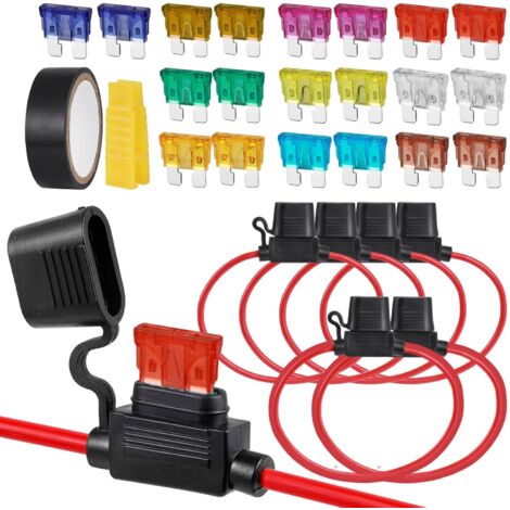 6pcs Porte-Fusibles 12AWG(2)+14AWG(2)+16AWG(2), Porte Fusible Voiture 12V Etanche avec 20 Fusibles voiture 3A/5A/7.5A/10A/15A/20A/25A/30A/35A/40A, Kit de Fusible Plat pour Voiture/Camion/Moto