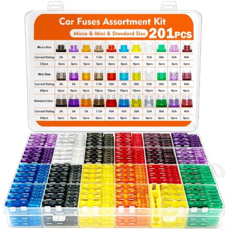 Kit de 201Pcs Fusible Voiture, 80 Mini Fusible Auto +90 Moyenne Fusible à Lames + 57 Micro Fusibles Plates + 1 Extracteur pour Voiture/Auto/RV/Camion/Moto (2 3 5 7.5 10 15 20 25 30 35 40A)