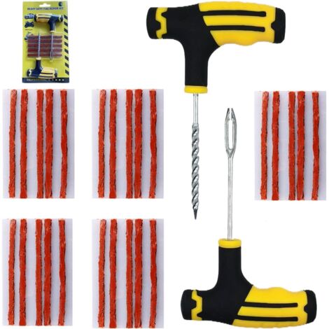 Kit de Réparation Crevaison Voiture, Kit Meche Pneu Voiture, Inclut 25 Bande de réparation de pneus,1 Foret fileté, 1 Foret fourchu,pour Auto, Motos, VTT, Tracteurs (1/5)