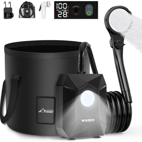 Douche Portable avec Seau Pliable 20L pour Camping - Pompe de Douche Rechargeable 6000mAh avec Lumière de Camping, IPX8 Étanche, 5 Modes de Pression - Pompe de Douche Extérieure pour Randonnée, Voyage (1/5)