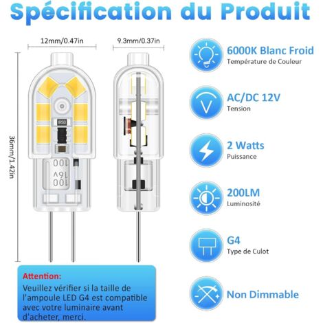 Lot de 10 ampoules LED G4 2 W 12 V Blanc froid 6000 K 200 lm Remplacement pour spot halogène G4 10 W 20 W Intensité non variable Ampoule à culot à broches LED 12 V AC DC pour hotte aspirante (1/4)