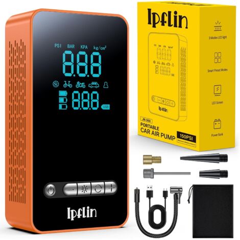 Compresseur à Air Portatif, Gonfleur Pneus Voiture sans Fil avec LED et Port C USB 150 PSI, Batterie Rechargeable, Inflation Rapide, Compresseur, Arrêt Automatique, pour Voiture, Vélos, Motos-Orange (1/5)