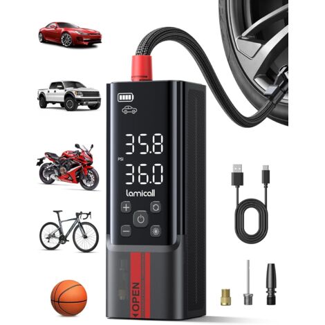 Gonfleur Pneu Voiture, Compresseur à Air Portatif – [150 PSI Inflation Rapide] avec Écran LCD & Lumière LED, Bloc d'alimentation, Gonfleur avec 3 Buses pour Voiture/Vélo/Moto/Ballon