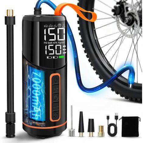 150PSI Pompe a Velo Electrique, 7000mAh Gonfleur Pneus Voiture Sans Fil, Compresseur à Air Portatif Avec Écran LED Numérique et Éclairage LED, Pneu pour Voiture, Vélo, Moto (1/5)