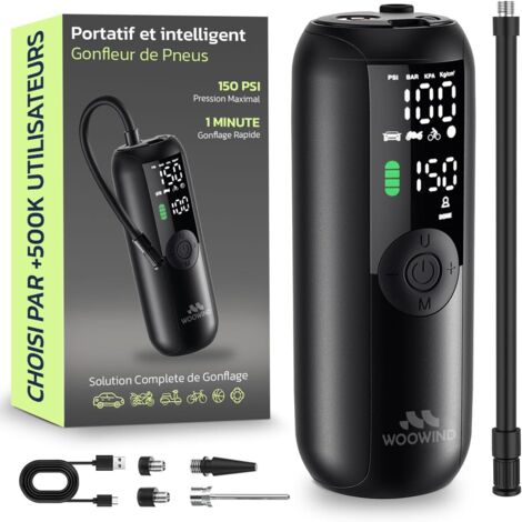 Gonfleur Pneus Voiture, Pompe A Velo, Gonflage en 1 Minute, 150PSI/10,3BAR Compresseur à Air Portatif pour Voitures, Vélos, Motos et Ballons avec Arrêt Automatique, Ecran LCD et Lampe LED (1/5)