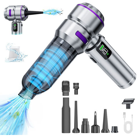 Aspirateur à main sans fil avec charge rapide USB – 17000 Pa, écran digital, lumière LED – Mini aspirateur puissant pour voiture, maison, PC, cuisine, fissures et coins – Peut servir de pompe à air et
