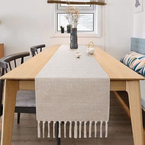 Chemin de Table en Coton et Lin avec Pompons Faits à la Main,Collection de Table, décorations de Table pour Pique-Nique, fête,Cuisine, Mariage33x140cm (1/5)