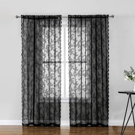 - Lot de 2 rideaux en dentelle - Motif floral - Pour chambre à coucher, salon, gaze, style rétro, vintage, 150 x 200 cm (l x h) - Noir (1/5)