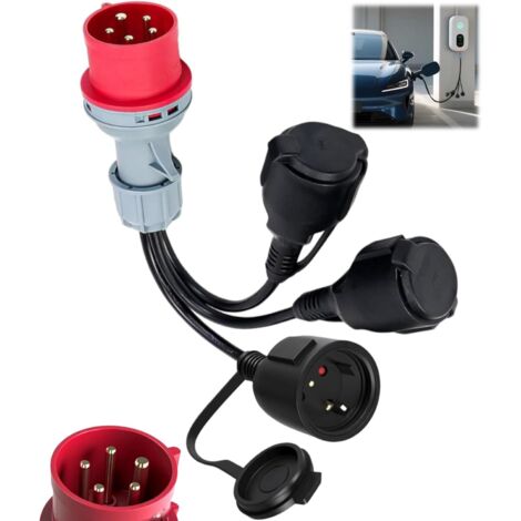 CEE Adaptateur 400 V vers 230V x3 répartiteur courant Câble d'extension de couplage avec couvercle à charnière et bouchon de sécurité, Adaptateur cee 16a pour caravanes industrie utilisation (1/5)