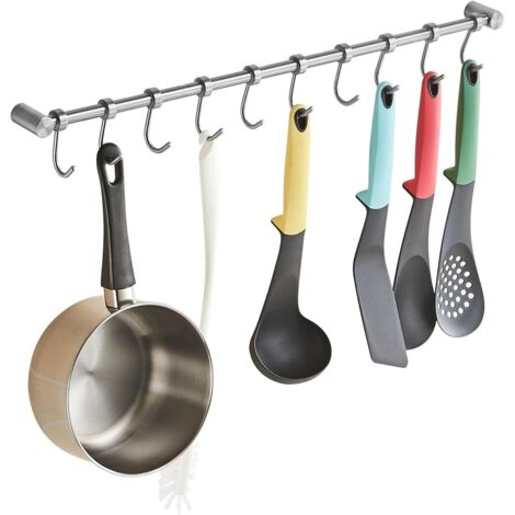 Rack suspendu à vaisselle avec 10 crochets amovibles - Rail de cuisine - En acier inoxydable - Fixation murale - Manteau - Chapeau - Bar - Organiseur pour outils suspendus, couteaux (1/5)