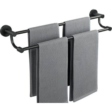 Porte Serviette Mural Noir 61.6 CM, Support Serviette Salle de Bain en Acier Inoxydable 304, Double Barre pour Séchage Rapide, Fixation Invisible, Porte Torchon pour Cuisine, Balcon, Buanderie