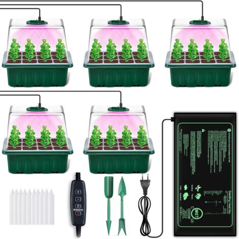 Mini Serre pour Plantes, 5 Pièces Bac à Semis avec Tapis Chauffants, Contrôleur de Minuterie Luminosité Réglable, Plateau de Culture pour Plantes Universel intérieur avec Couvercle Ventilé