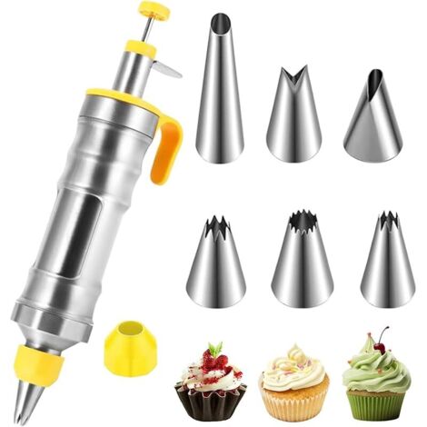Seringue à gâteau, seringue à crème, en acier inoxydable, avec 6 douilles, poche à douille réutilisable, pour cupcakes, gâteaux, biscuits, beignets, pâtisseries (jaune) (1/5)
