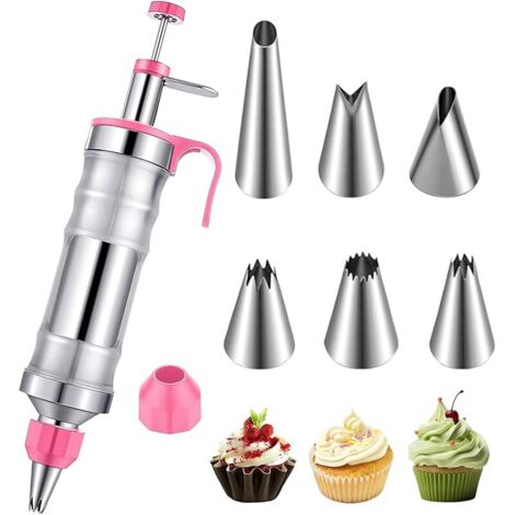 Seringue à gâteau, seringue à crème, en acier inoxydable, avec 6 douilles, poche à douille réutilisable, pour cupcakes, gâteaux, biscuits, beignets, pâtisseries (rose) (1/5)