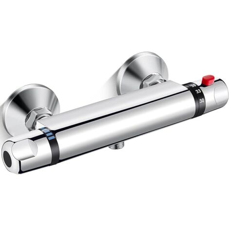 Mitigeur Douche Thermostatique, Murale Robinet Thermostatique de Douche avec Bouton Sécurisé à 38°C Anti-brûlure Mitigeur Douche Entraxe 150mm, Douche en Laiton, Chromé (1/5)