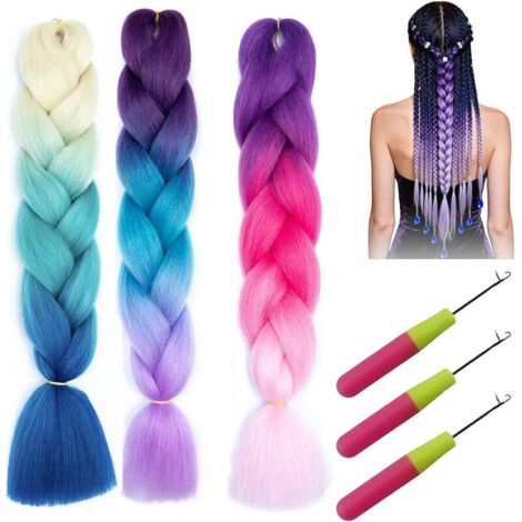 Lot de 3 extensions de cheveux synthétiques à tresser 61 cm, 100 g, avec 3 grands crochets, tresse Jumbo pour tressage (dégradé bleu-violet) (1/5)