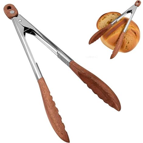 Pince en bois de noyer et acier inoxydable, 29 cm, résistante à la chaleur et respectueuse de l'environnement, pour barbecue, steak, pain, pizza (1/5)