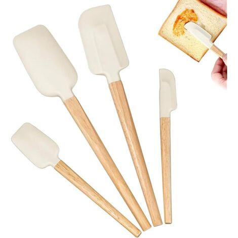 Ensemble de 4 spatules de cuisine avec manches en bois de hêtre - 4 tailles. Spatules souples en silicone pour verres, robots de cuisine, pâtisserie, confitures. (1/5)