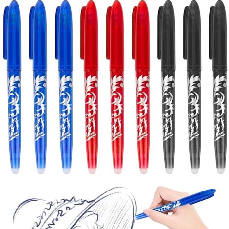 Lot de 9 stylos à bille effaçables à encre gel effaçable 0,5 mm Pour fournitures scolaires, fournitures de bureau, étudiants, bleu, noir et rouge (1/5)