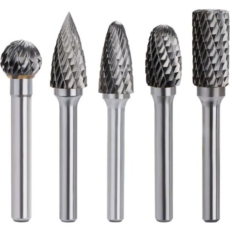 5 Pcs Fraises Double Coupe Rotatives Carbure de Tungstène Die Grinder Bit 6mm Tige Cylindrique de Gravure Rotatif Burres Pour Travail du Bois, Métal Polissage, Gravure, Perçage (1/5)