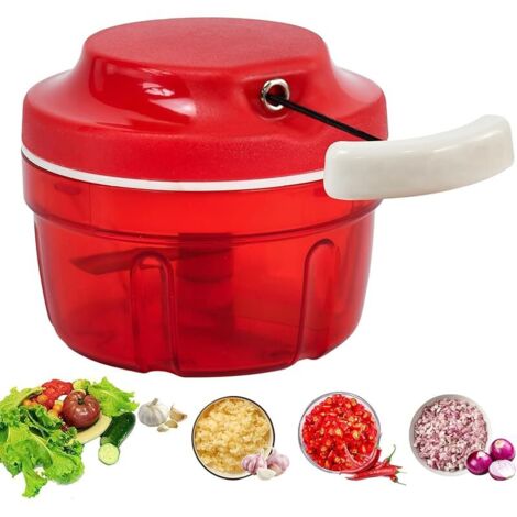 Hachoir Manuel, Hachoir Legumeavec Cordon, Coupe Oignons, pour Légumes, Ail, Noix, Herbes Aromatiques ou Fruits, Plastique (Rouge - 300 ml) (1/5)