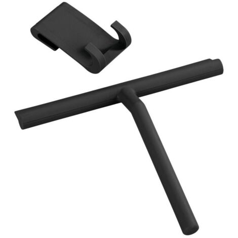 Wenko – Raclette de douche en acier inoxydable et silicone – Couleur noir – Crochet de fixation mural inclus – Pour cabines de douche et miroirs