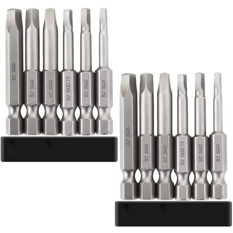 12 Pièces embouts de tournevis magnétiques à tête carrée pour perceuse-visseuse, embout carré visseuse S2 Acier, Hex Tige Embouts de Vissage Magnétique, SQ1, SQ2, SQ2.7, SQ3, SQ4, SQ5 (1/5)