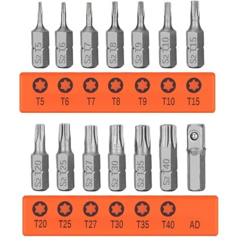 Lot de 14 Embouts de Tournevis Torx T5 - T40 Magnétiques 1/4" Hex Tige Embout S2 Acier Étoile Tête Sécurité Tamper Proof Torx Inviolable Tournevis Embouts (Longueur 25 mm)