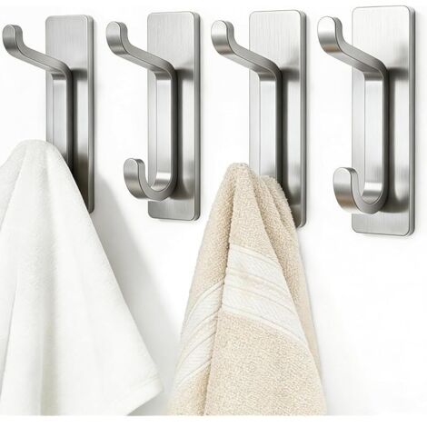 Porte-serviettes sans perçage : crochets adhésifs extra-forts de 6 kg, crochets muraux autocollants pour salle de bain, crochets à serviettes et porte-manteaux, lot de 4, argent (1/5)