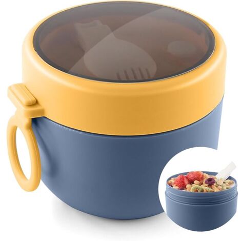 Bol Petit Déjeuner Portable - 600 ml Pot à Céréales avec Couvercle Étanche et Cuillère Pliante - Yaourt, Fruits, Salades - Idéal pour Travail, École, Pique-nique, Voyage (Bleu) (1/5)