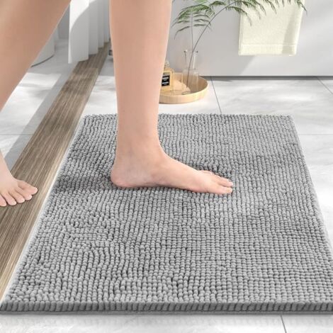 Tapis de Bain en Chenille, 60x40cm Tapis de Douche Super Absorbant, Tapis Salle de Bain Antidérapant, Décoratif Lavable en Machine, pour Douche et Baignoire, Gris (1/5)