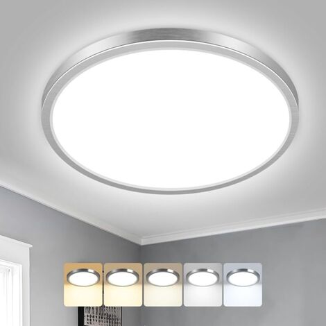 Plafonnier LED, 18W 1800LM Luminaire Plafonnier Salle de Bain, IP54 Etanche & 5 Couleurs(3000K/3500K/4000K/5000K/6500K), Lampe Plafond Rond pour Cuisine, Chambre, Couloir, Garage Nickel (1/5)