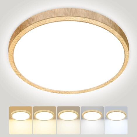 Plafonnier LED, 24W 2800LM Luminaire Plafonnier Salle de Bain, IP54 Etanche & 5 Couleurs(3000K/3500K/4000K/5000K/6500K), Lampe Plafond Rond pour Cuisine, Chambre, Couloir, GarageØ30CM Bois (1/5)