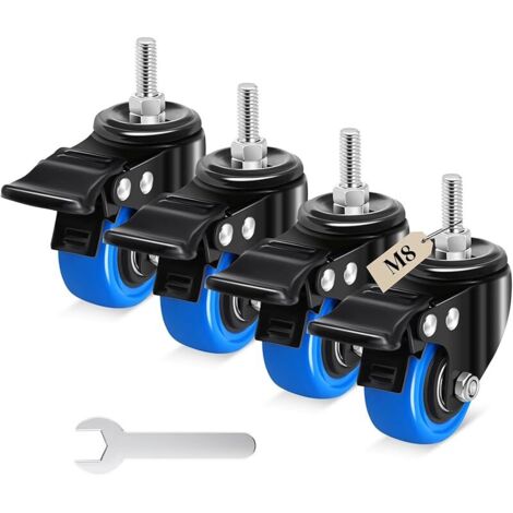 50mm Roulette Pour Meubles Tige Fileté M8 x 1,25x 25mm, Silencieuses Roulettes Etendoir Capacité 270KG, 360 Degrés Roulette Pivotantes avec Frein pour Meubles, Barbecue, Chariots, Transport