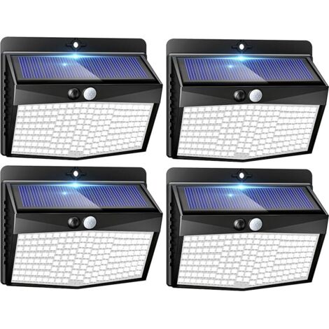 Lampe Solaire Exterieur Detecteur de Mouvement Lot de 4, LED Lumiere Extérieur avec Détecteur, 3 Modes/etanche Spot Solaire, Eclairage Extérieure pour Jardin Murale Garage, Blanc Froid (1/5)