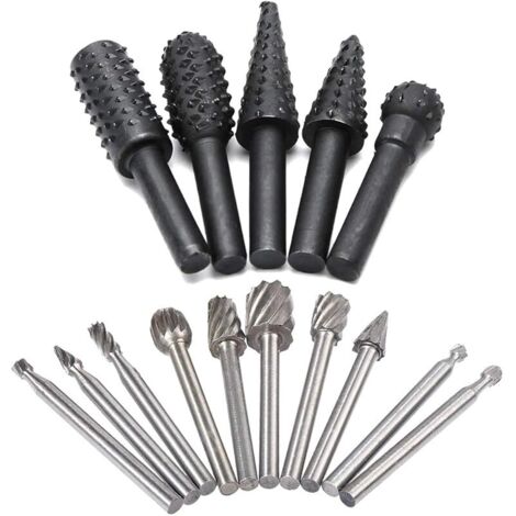 Lot de 5 fraises à râpe rotatives en forme de burin, tête de meulage en relief et 10 pièces de tige de 1/8" HSS pour fraises à bois (1/5)