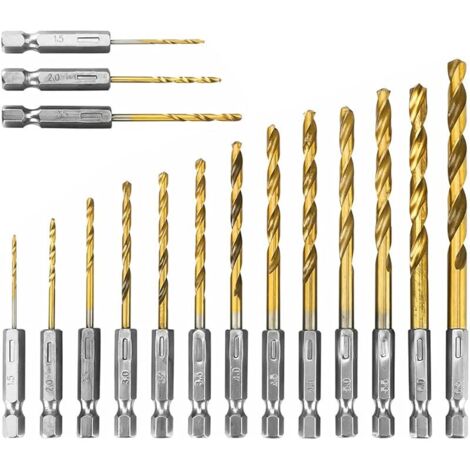 16pcs 1/4 Tige Hexagonale Forets Hélicoïdaux en Acier HSS Revêtus de Titane 1,5-6,5mm Changement Rapide Coffret Foret Metal pour Métal Doux, Bois, PVC et Plastique (1/5)