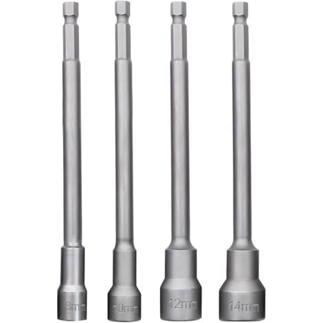 Lot de 4 douilles hexagonales magnétiques avec tige hexagonale de 6,35 mm, longueur 150 mm, clé à douille métrique à changement rapide, tige longue, écrou, driver, foret (H8/10/12/14 mm)
