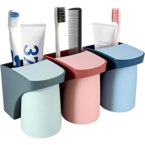Lot de 3 porte-brosses à dents et gobelets à brosse à dents sans perçage - Porte-brosse à dents mural - Peut être utilisé pour ranger des articles de toilette (1/5)