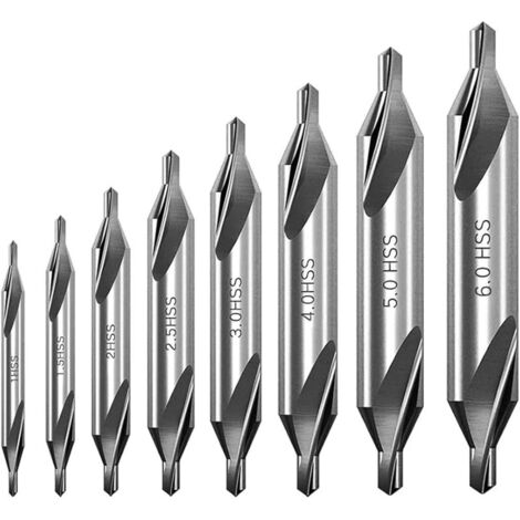 Lot de 8 forets de centrage HSS - Angle de 60 ° - En acier rapide - Pour tour, fraisage, travail du métal (1/1,5/2/2,5/3/4/5/6 mm) (1/5)