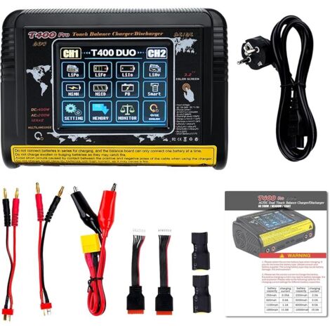 Chargeur Lipo équilibreur RC Chargeur Batterie lipo Double Chargeur DC/AC 11-18V 400W AC 100-240V 200W Détection Auto LiPo/Lilon/Life/NiMH/NiCd/PB/NiMH Écran Tactile LCD 3,2 Pouces 12A (T400) (1/5)
