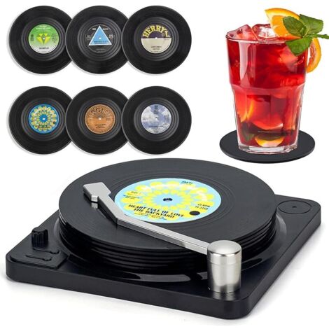 6 PCS Dessous de Verre en Vinyle Support Rétro CD Dessous sous Verres pour Café Forme de Disque Thé Bière Vin Bouteille de Vin avec Support Table Antidérapant Protection Motif M2 with Support (1/5)