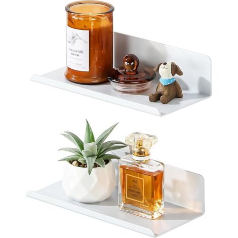 Lot de 2 Etagere Murale sans Percage Salle de Bain, Etagere Murale sans Vis Tablettes Flottantes Adhésif de Décoration, Tablette Rangement pour Cuisine, Salon, Chambre, 20CM Blanc (1/5)
