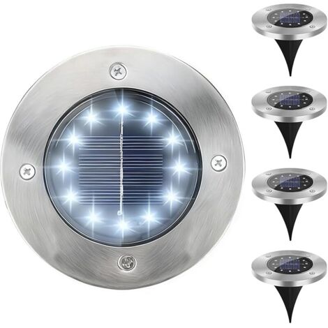 Lot de 4 Lampes Solaires de Sol en Acier Inoxydable Ø12cm, IP65 Étanche 16 LEDs Blanc Chaud, Éclairage Extérieur Automatique pour Jardin, Allée, Terrasse, Pelouse, Chemin