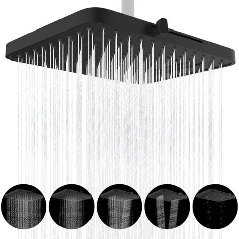 Pomme de douche à effet pluie 5 modes de pulvérisation, pommeau de douche haute pression de 33 cm, pommeau de douche carré intégré, rotule pivotante réglable, expérience de douche luxuriante (1/5)