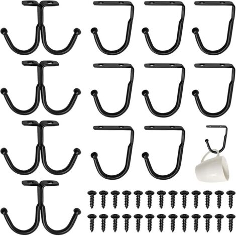 12 Pièces Porte-Tasses Suspendue, Crochet Tasse Suspendue en Métal avec Vis, Crochets de Rangement Noirs pour Tasses, Vêtements, Chapeaux, Cravates et Pots de Fleurs (8 Simples + 4 Doubles)