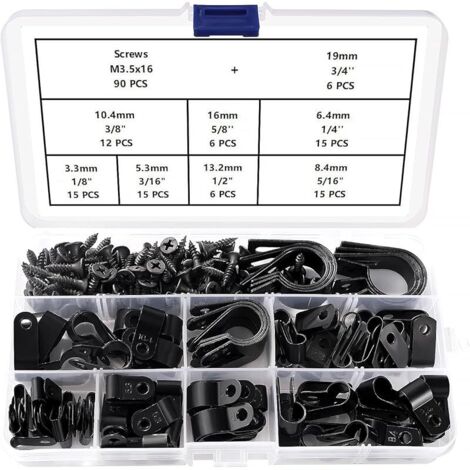 90 Pièces 8 Tailles R/U-Type Attache de Câble Pince de Fil Kit, Nylon Plastique Câbles Clips avec 90 Pièces des Vis, pour la Gestion des Fils (Noir) (1/5)